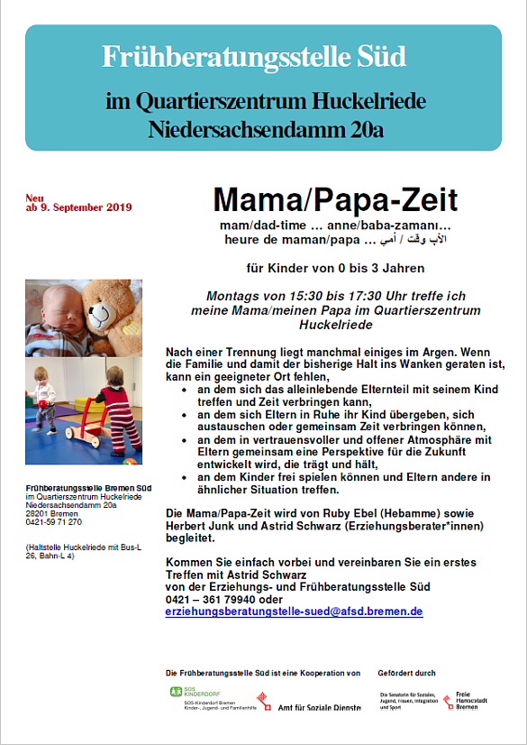 Info-Flyer der Frühberatungsstelle zur Mama/Papa-Zeit im QZ Huckelriede