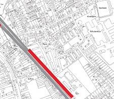 Ausschnitt aus der Karte, die die vorgesehenen Lücken (rot) in der Lärmschutzwand am Alwin-Lonke-Quartier entlang der Bahnlinie zeigt
